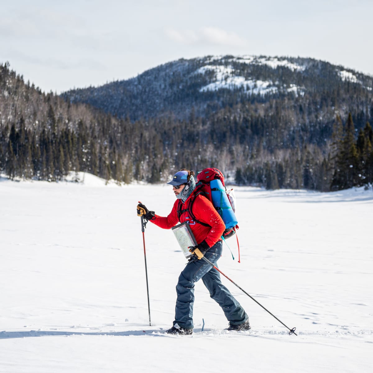 Off-trail skier on the frozen Saguenay Fjord.