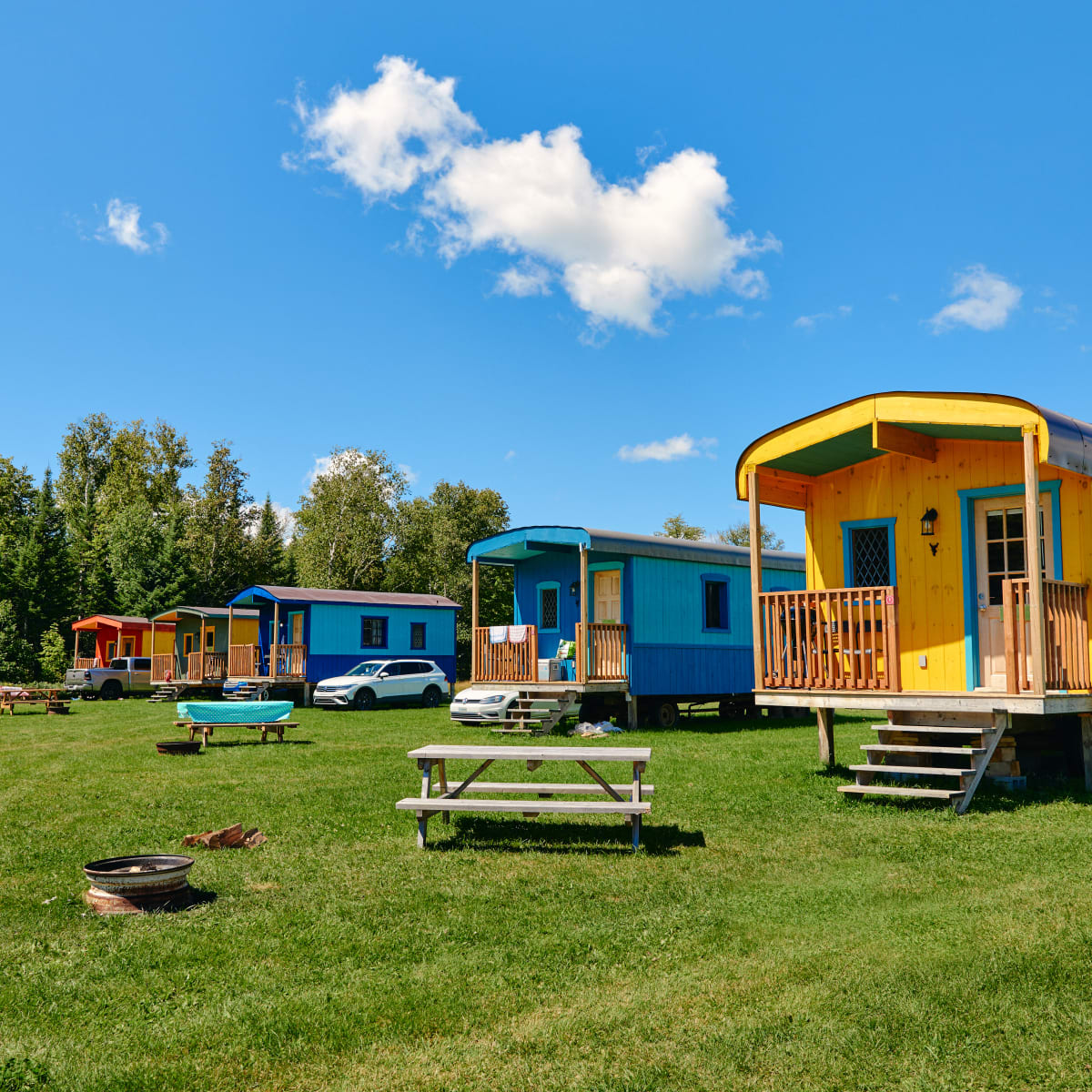 Colourful ready-to-camp units.