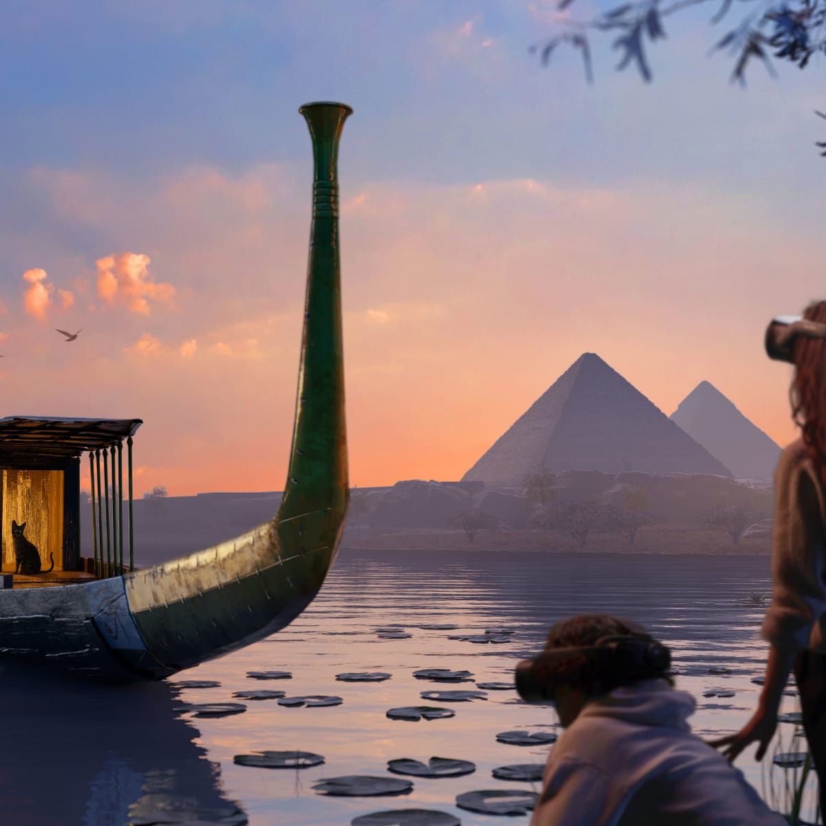 Three people with VR helmets at the Horizon of Khufu exhibit.