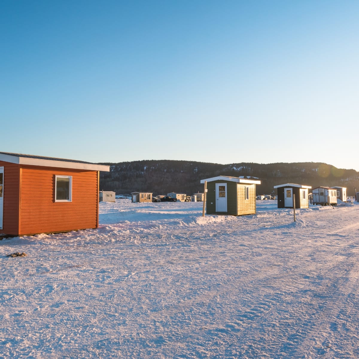 Fishing cabins on the ice on the Saguenay fjord