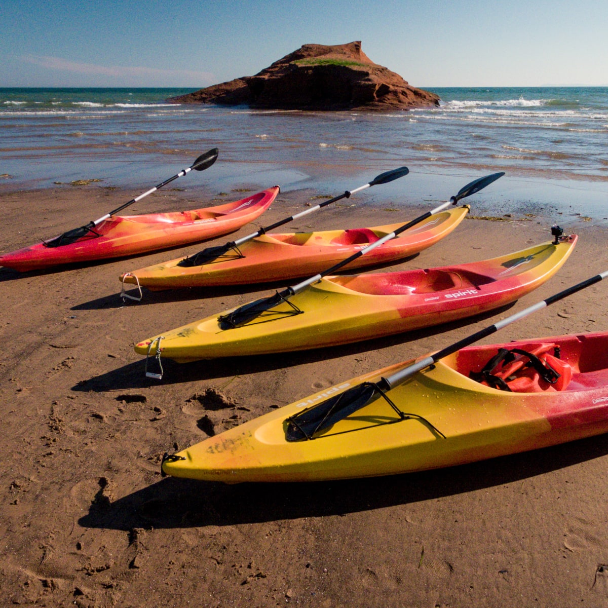 Quatre kayaks alignés sur une plage, avec un vaste plan d’eau à l’horizon.