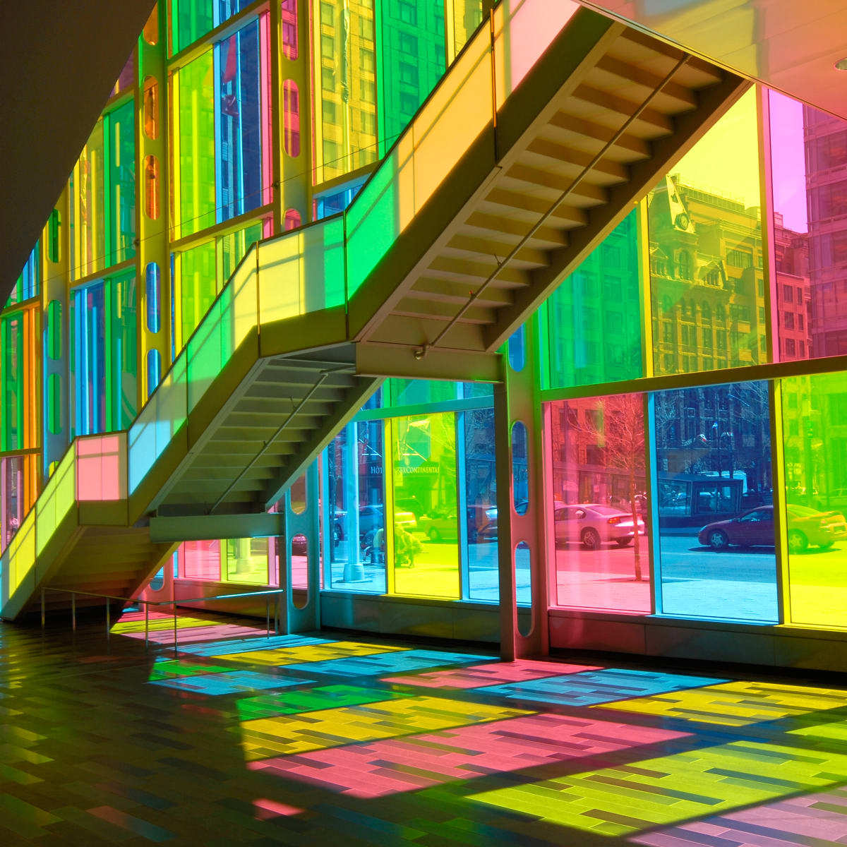Stairs and colourful windows at Palais des congrès in Montreal.