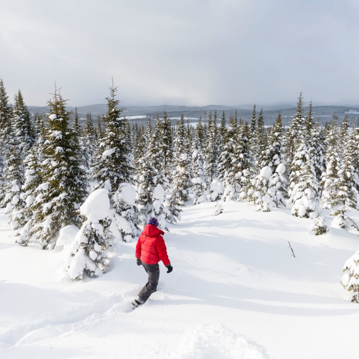 Une personne à la Réserve faunique des Laurentides en hiver.