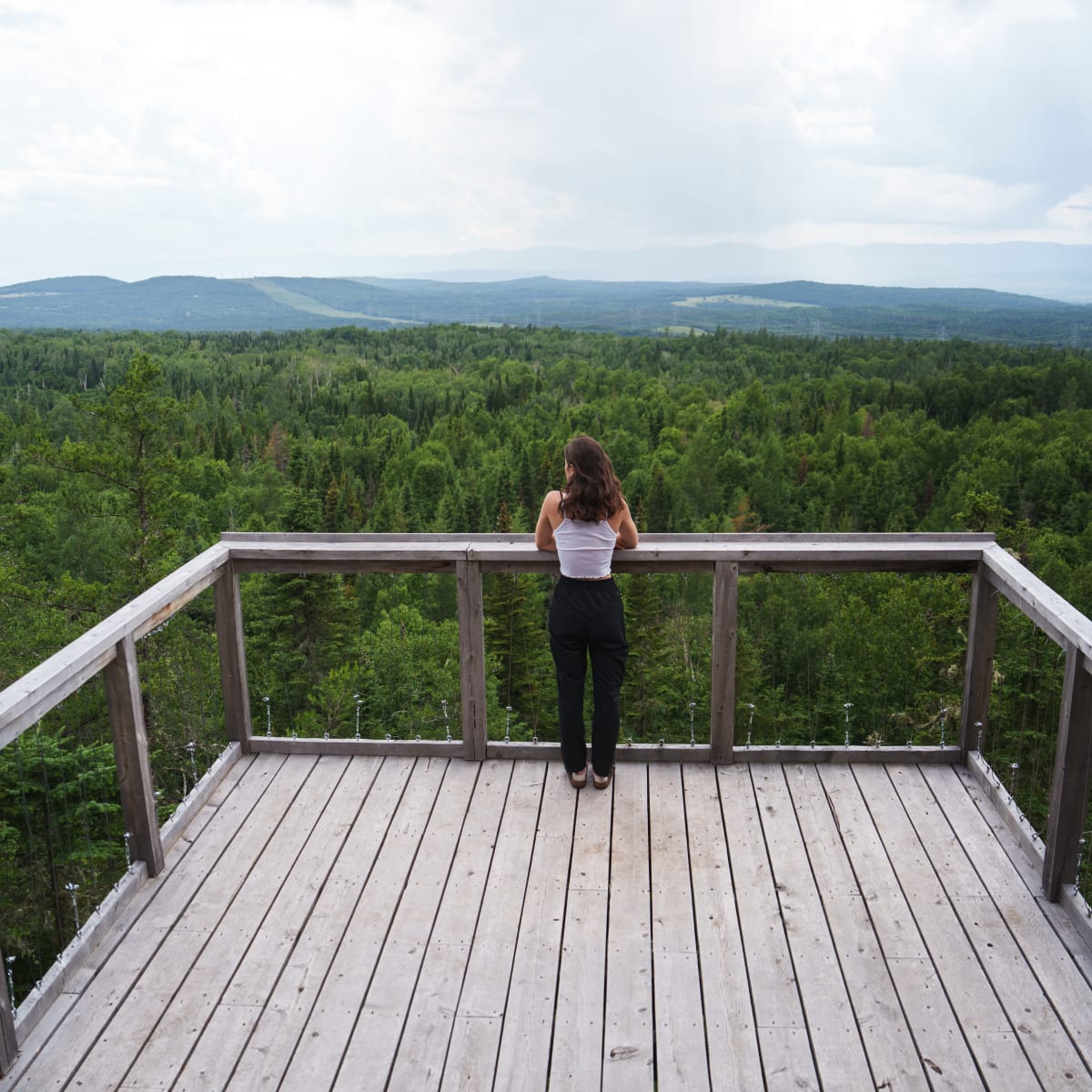 A woman at an observation point on the Mountain Road.