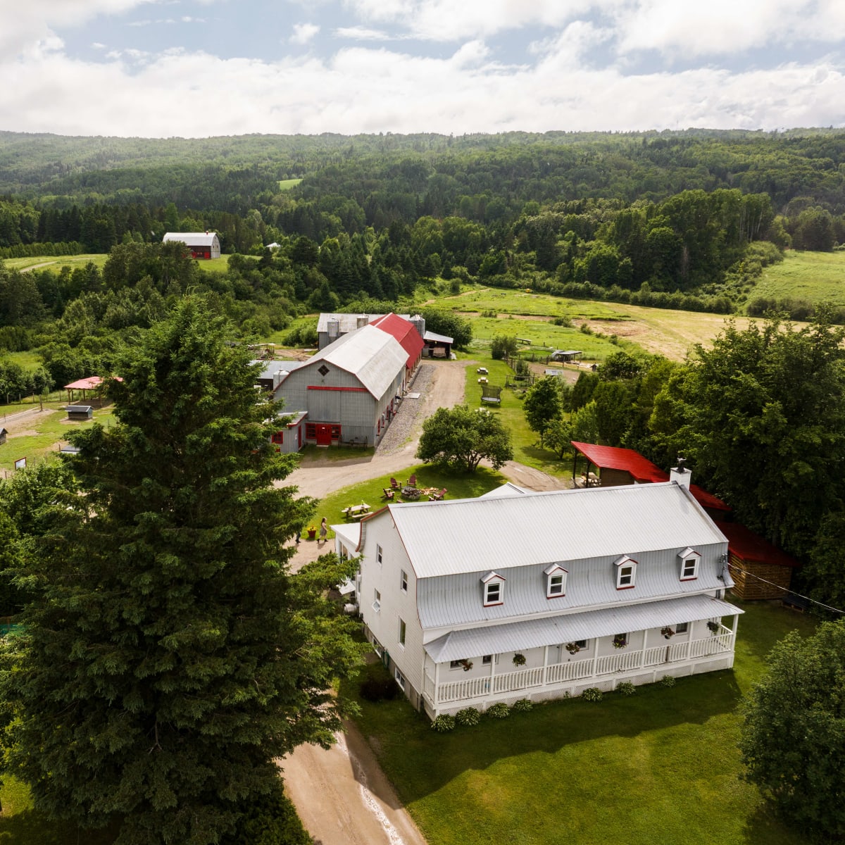 Aerial view of La Ferme Basque de Charlevoix, in the Mountain Sector.