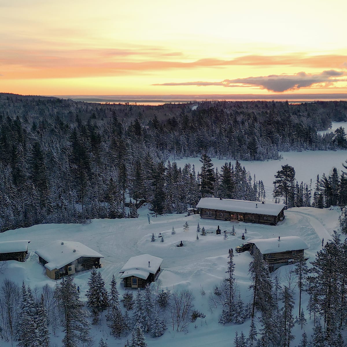 Aerial view of ÖBois Charlevoix in winter, in the Saint-Siméon sector.