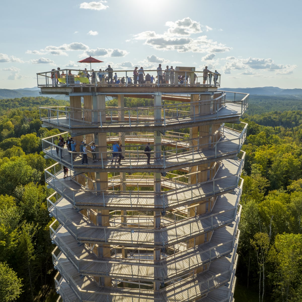 Aerial view of the tower at Sentier des cimes Laurentides.