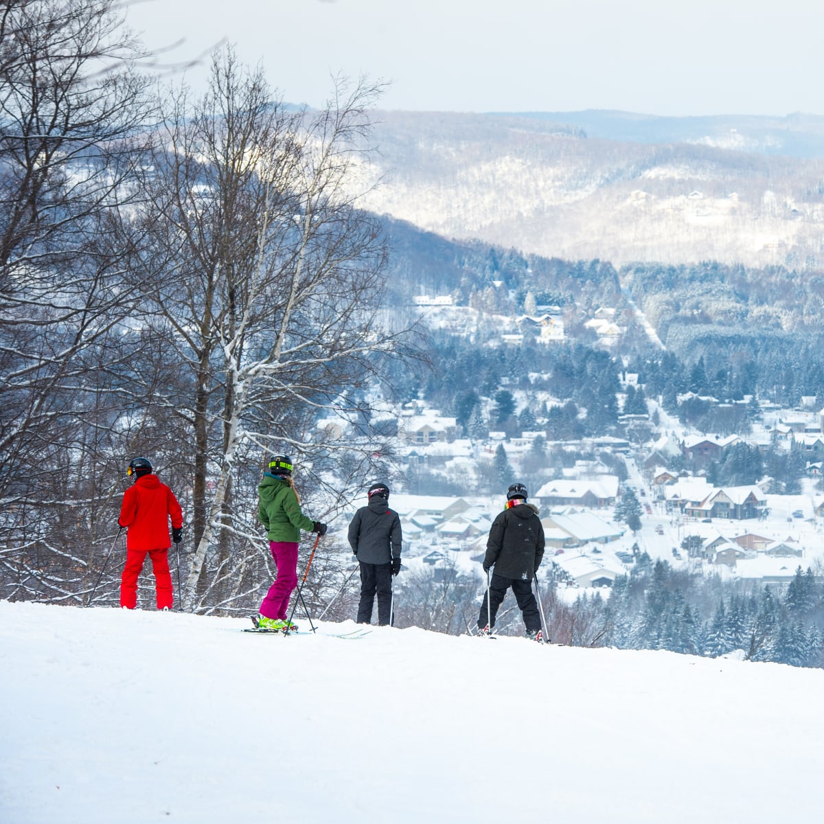 Four skiers at the summit of Sommet Olympia.