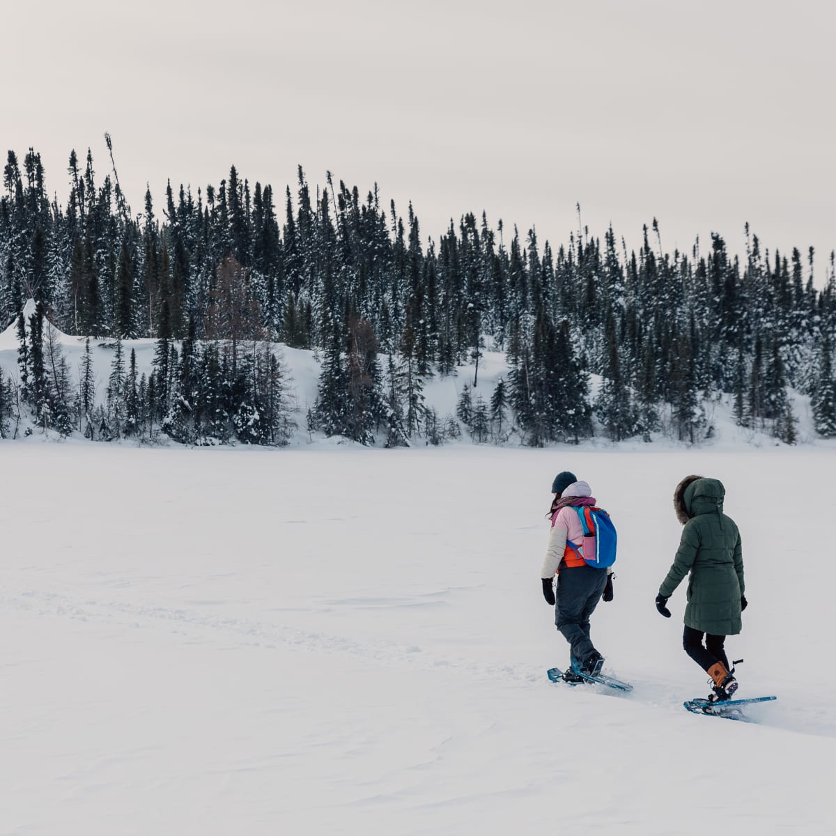 Corporation Nibiischii - Two women on snowshoes in a snowy landscape