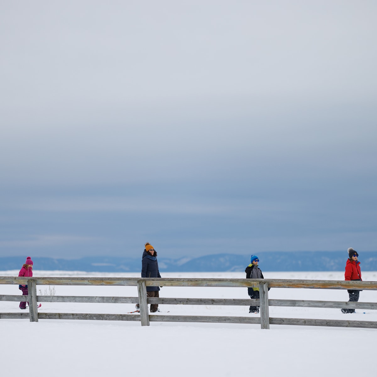 Family on a snowshoe outing in the Lower St. Lawrence region.
