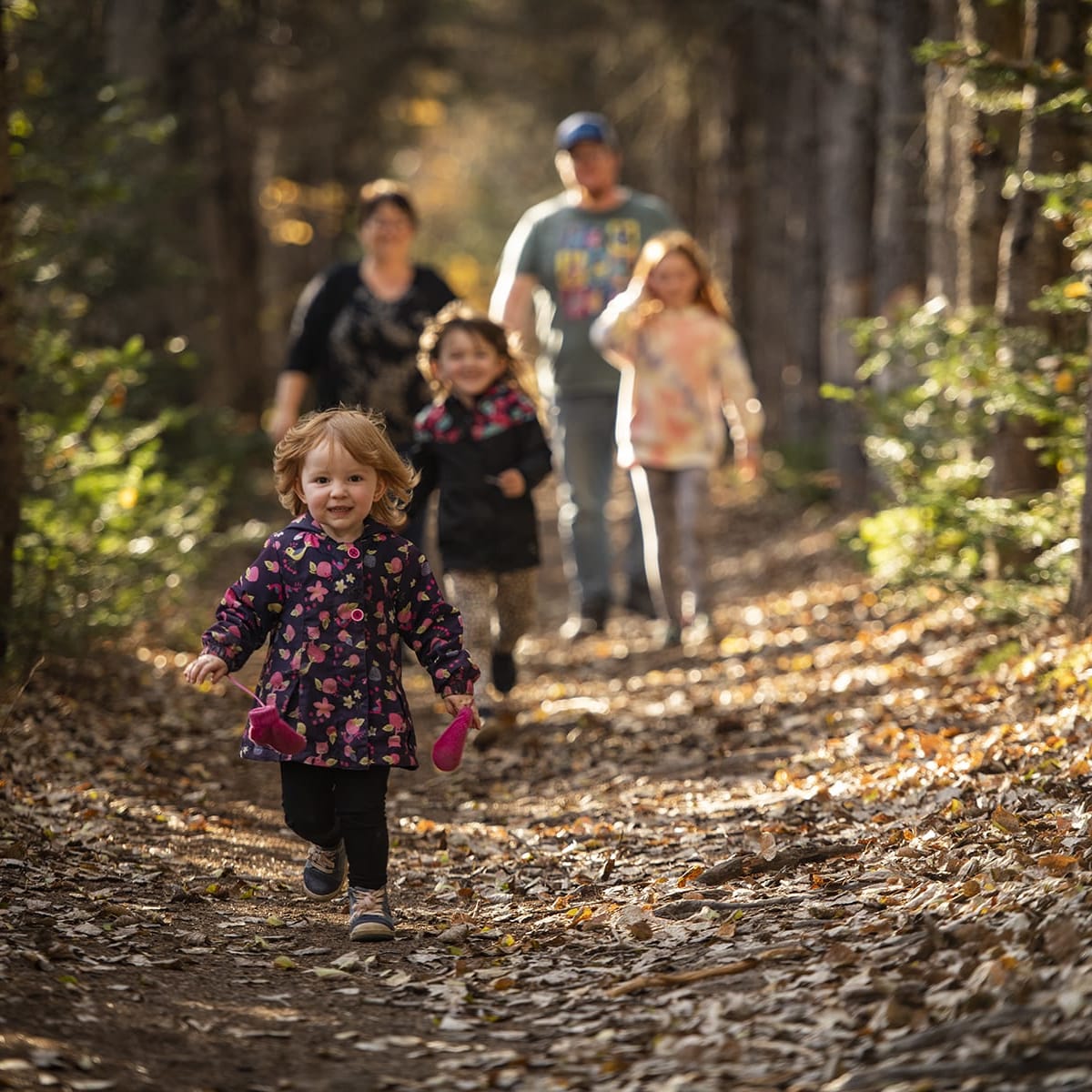 Famille dans un sentier en forêt en Côte-Nord en automne.