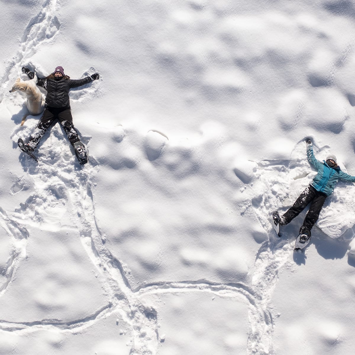 2 personnes faisant des anges de neige vue du ciel. 