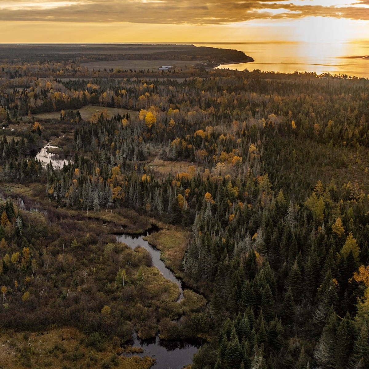 Vue aérienne d'un levée de soleil en bord de mer à l'automne.