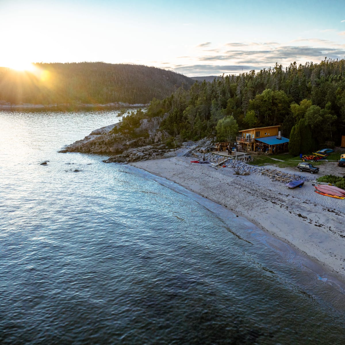 Aerial view of the beach and sunset.