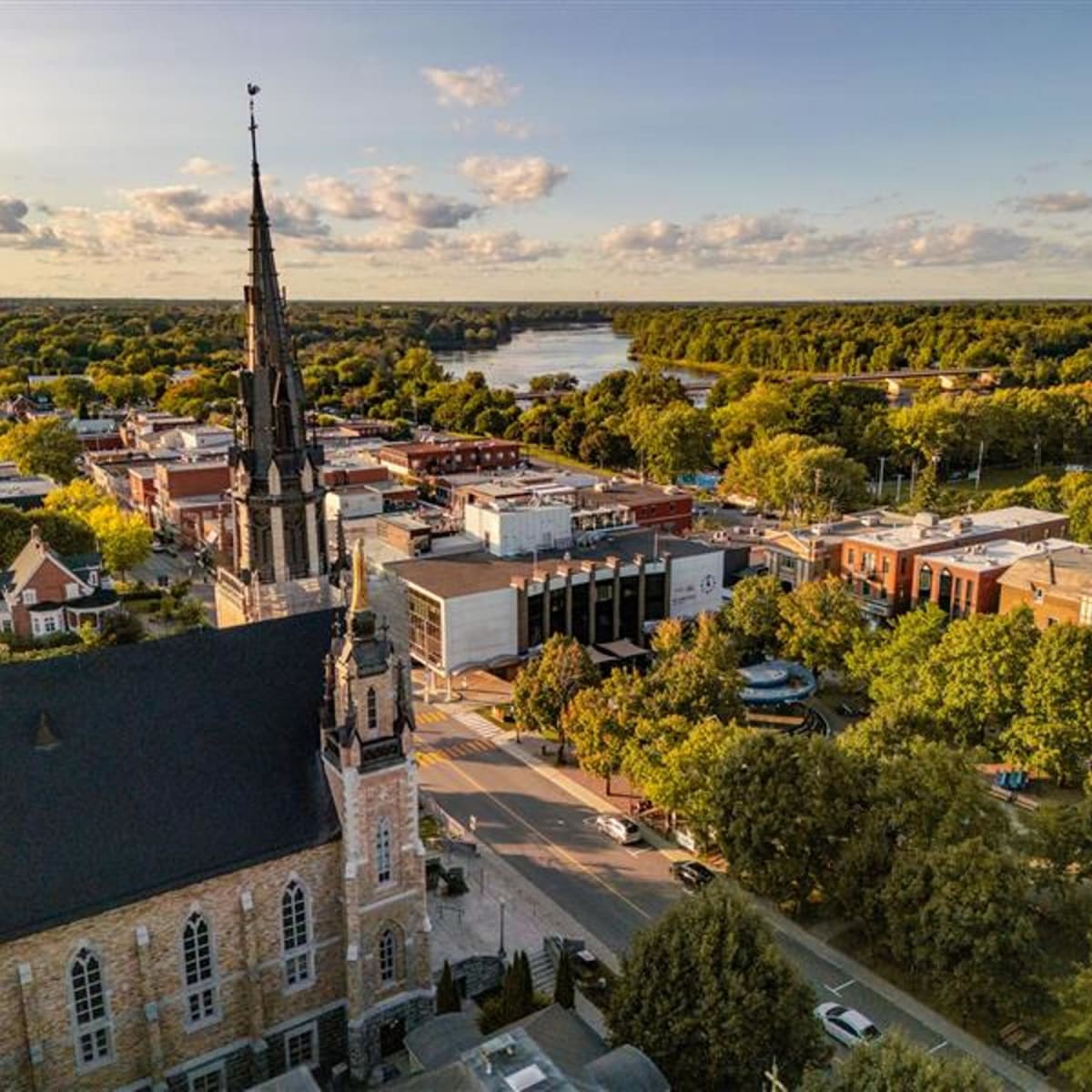 Aerial view of the church and downtown Drummondville.