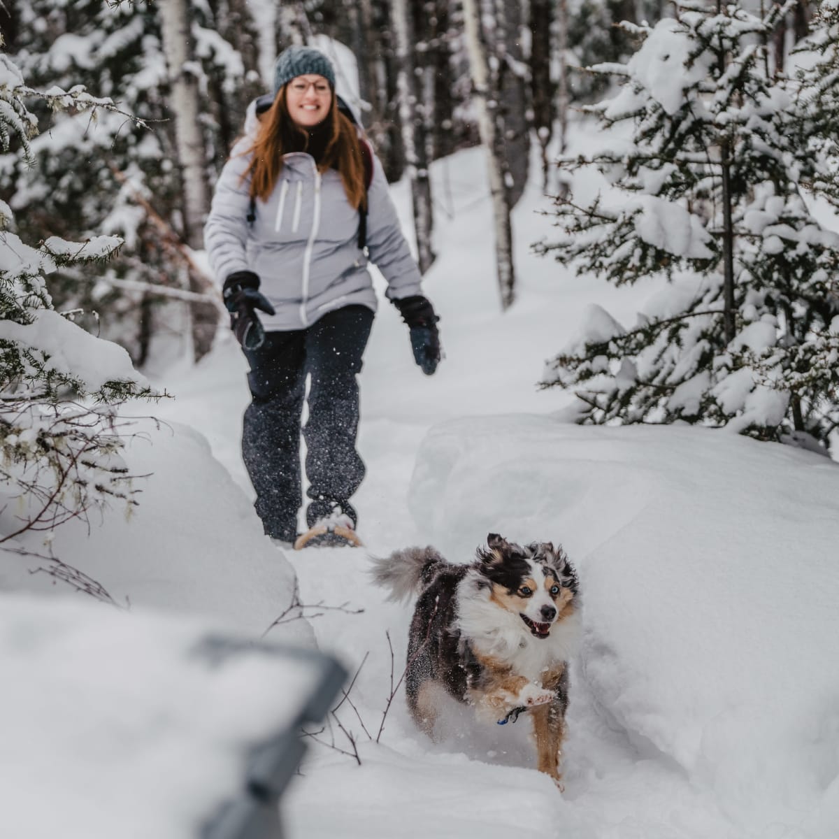 Femme et son chien en forêt l'hiver - Eeyou Istchee Baie-James.