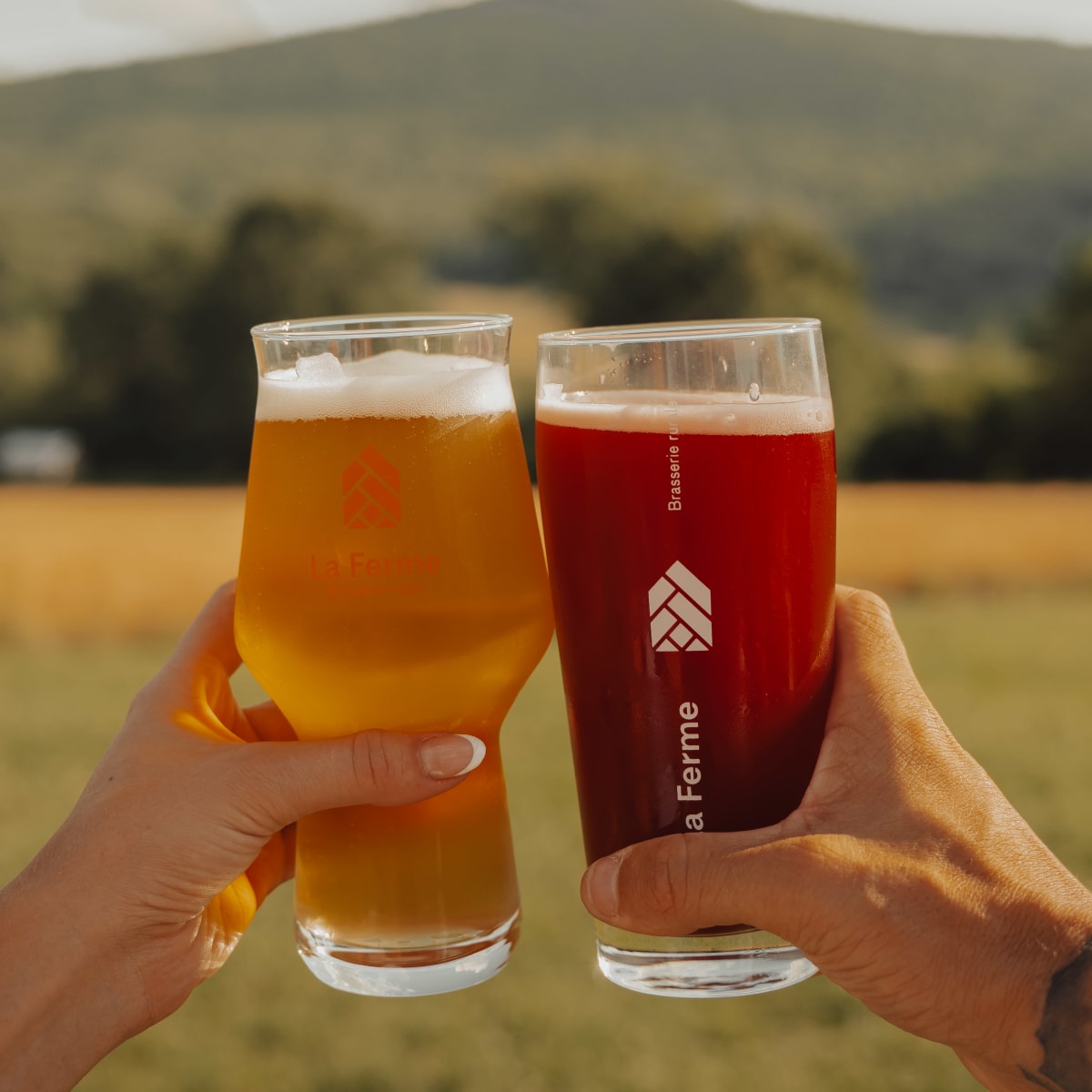 Deux verres de bière tenus par des personnes hors cadre devant un paysage montagneux.