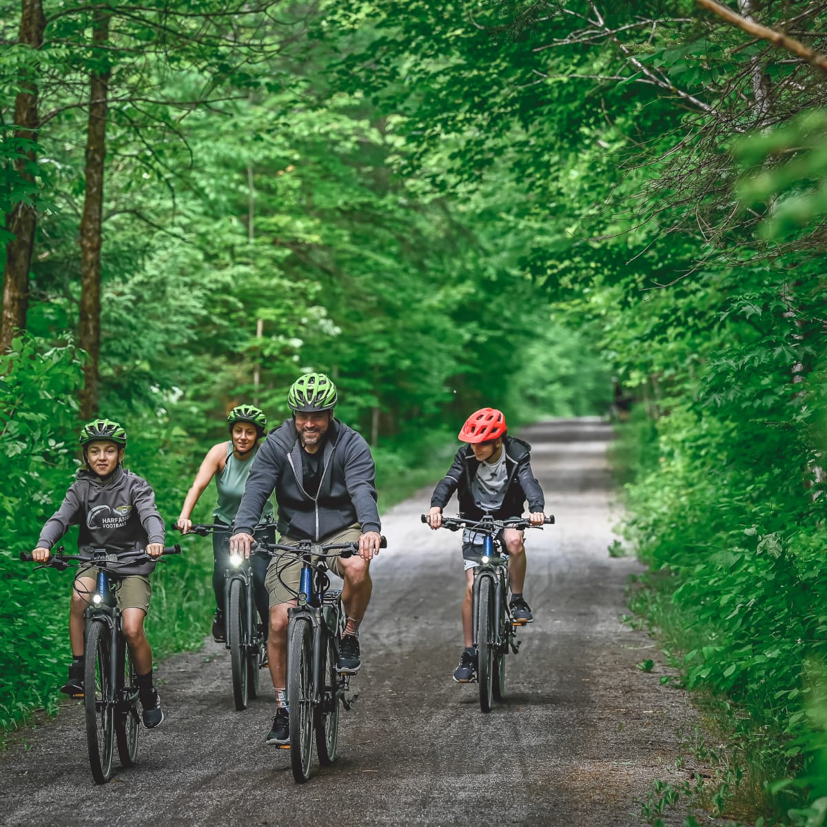 Family of 4 biking in la Jacques-Cartier.
