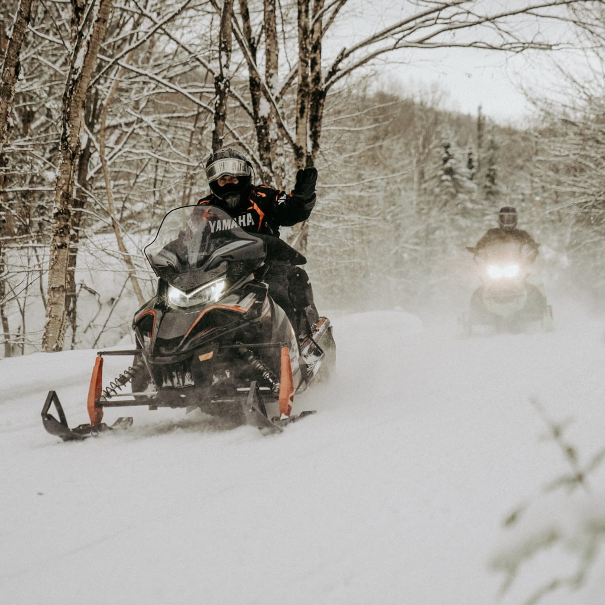 Two snowmobilers on a trail.