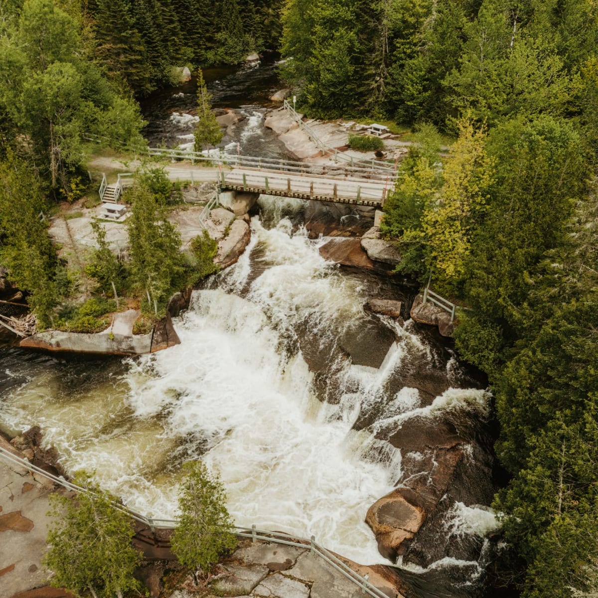 Aerial view of a waterfall in spring.