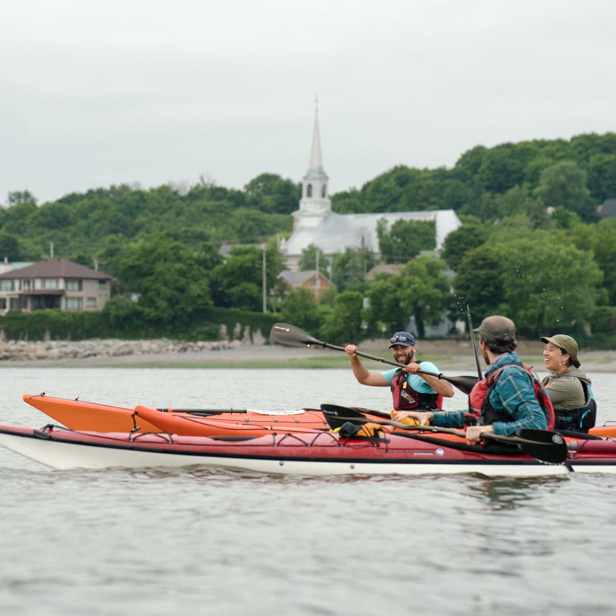 Kayaking on a lake.