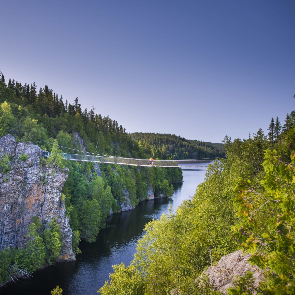 A suspension bridge over a river.