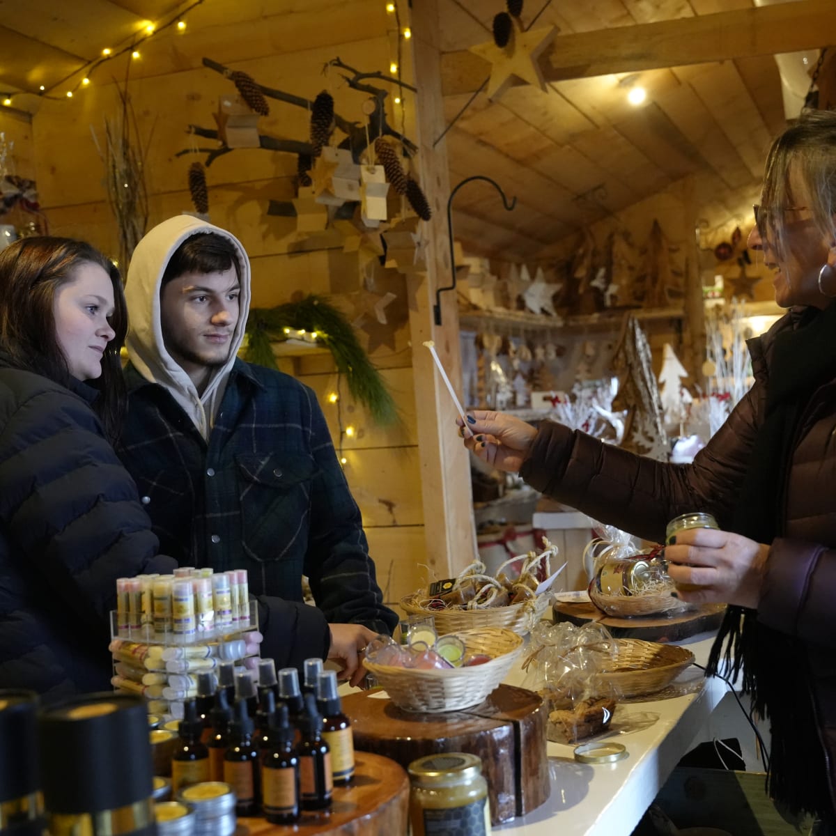 A kiosk at the Christmas market in the Village de Noël - Sapins Goupil.
