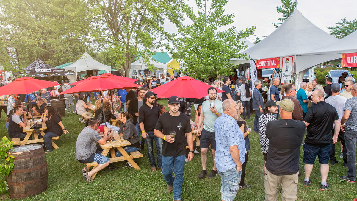Crowd and booths at the beer festival.