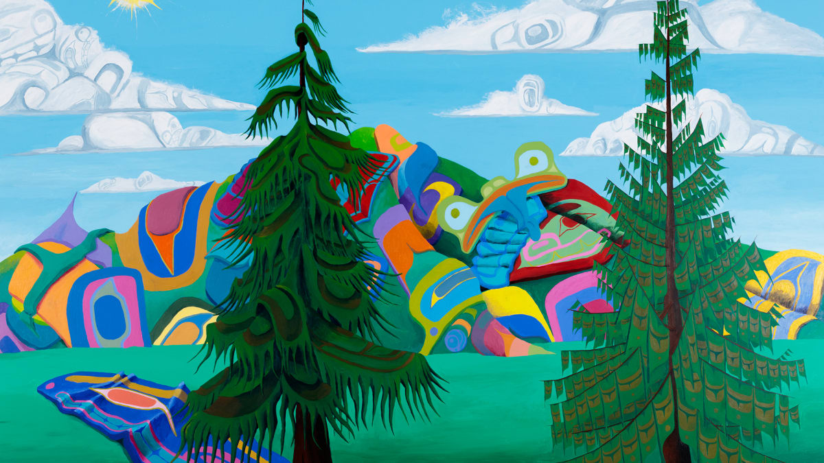 Painting of a landscape with a blue sky, colourful mountains and two evergreens in the foreground.