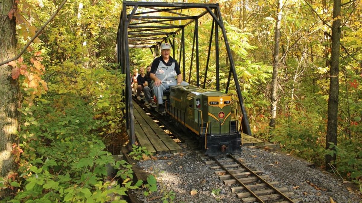 Mini-train avec conducteur et enfants à bord.