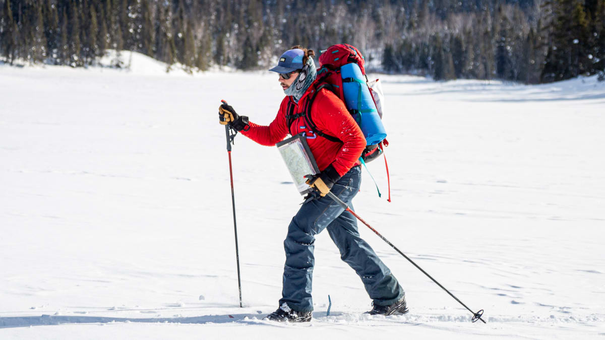 Off-trail skier on the frozen Saguenay Fjord.