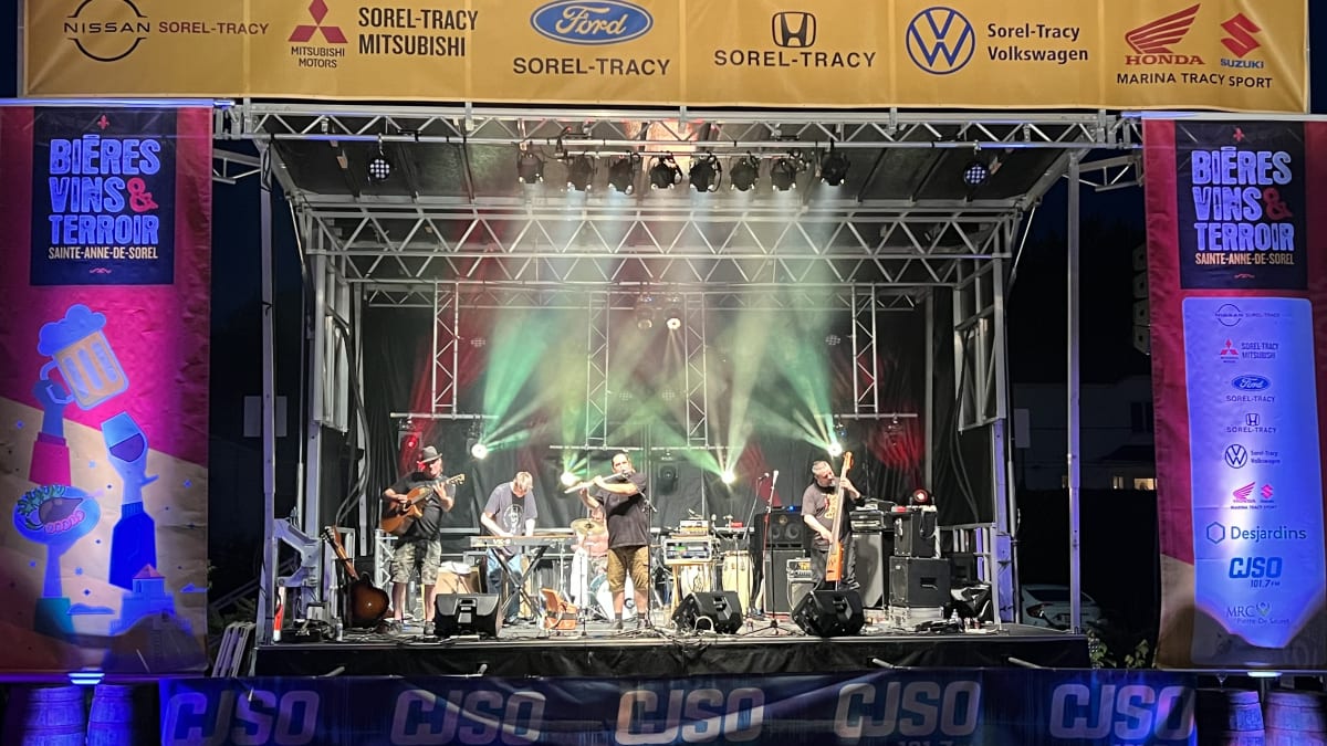 Five-person rock band on stage.