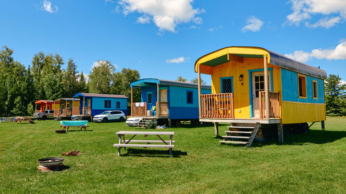 Colourful ready-to-camp units.