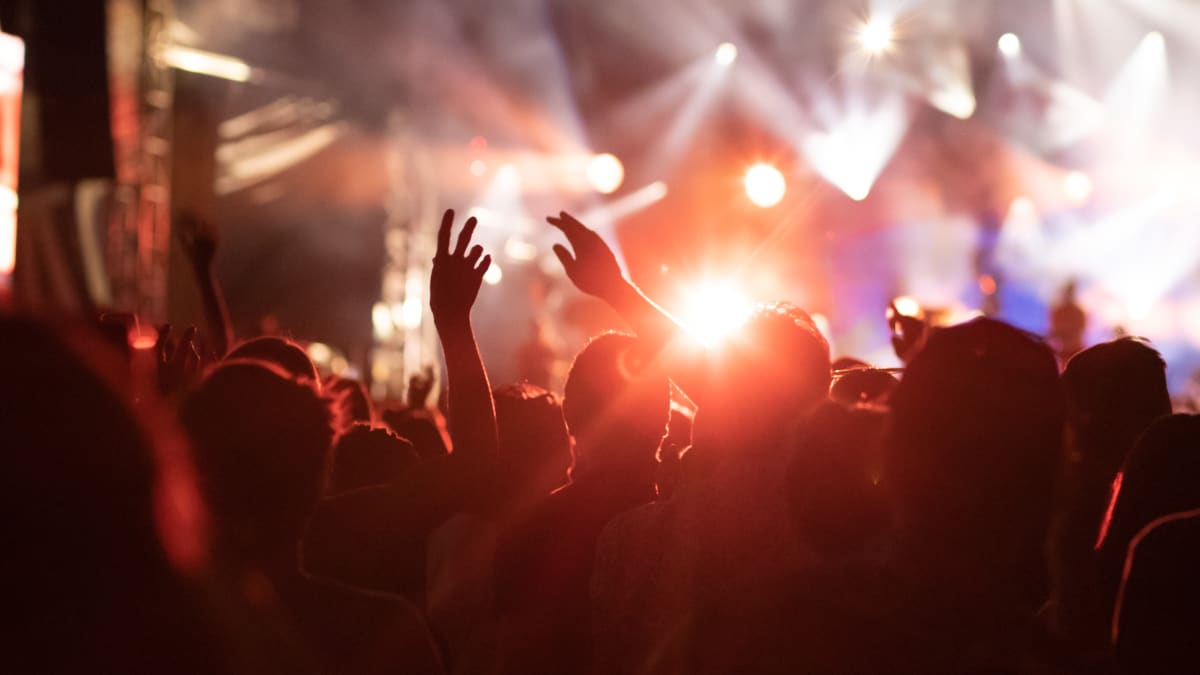 Festival crowd seen from behind under the red light of a spotlight.