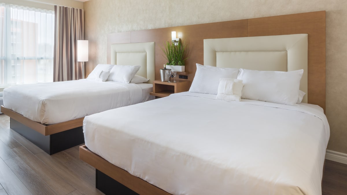 Vue de l’intérieur d’une chambre prestige à deux lits de l’Hôtel Universel
