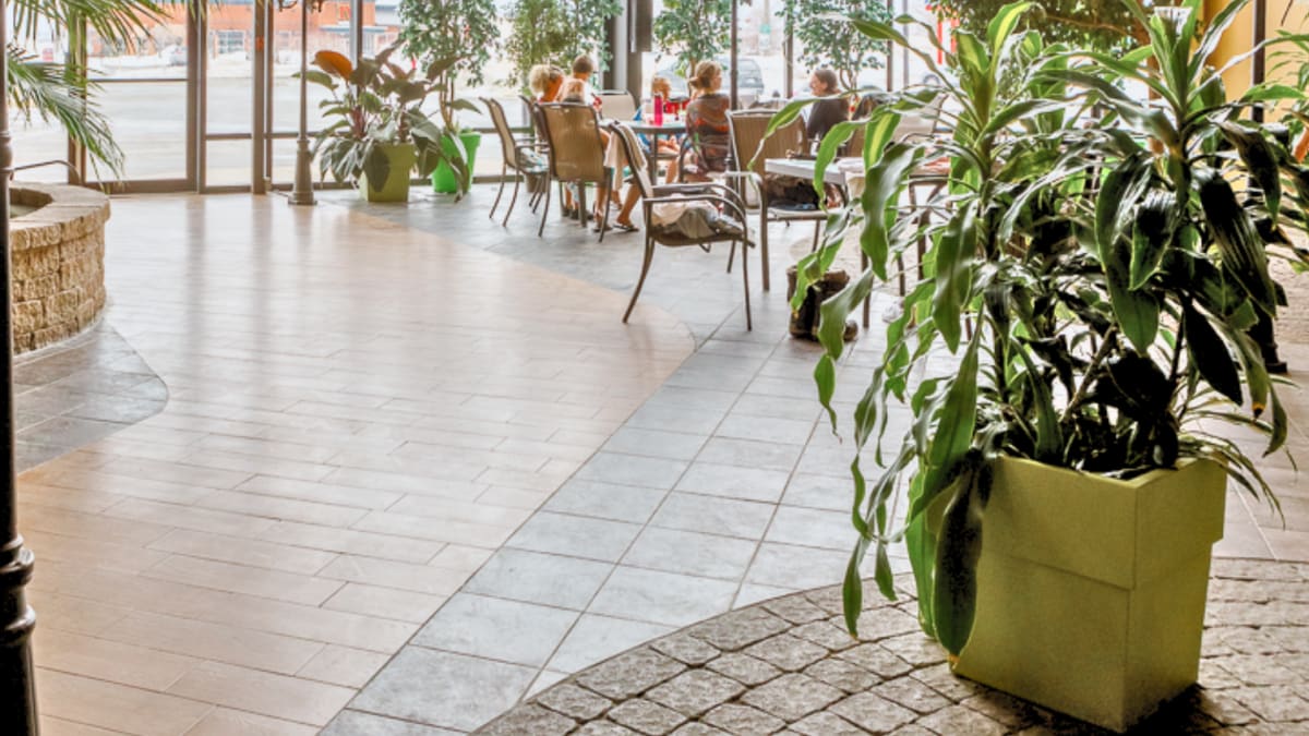 Indoor garden and tables at Hotel Ambassadeur.
