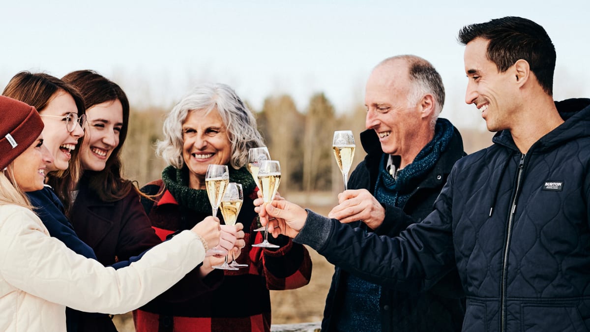 6 personnes heureuses à l'extérieur dans un vignoble l'hiver qui trinkent leurs verres de vin.