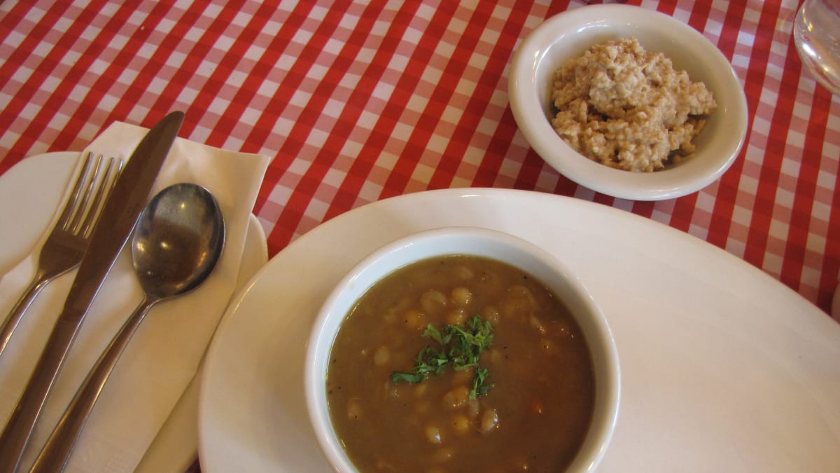 Pea soup and vegetarian creton spread.