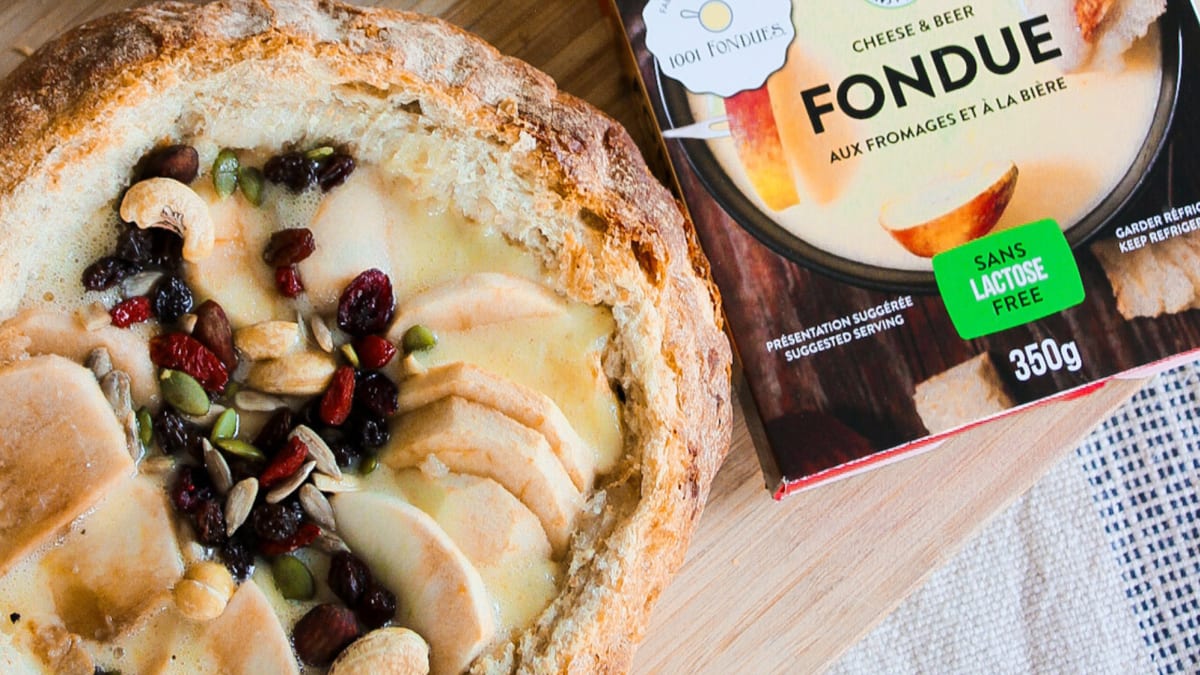 Cheese-stuffed bread and a package of fondue cheese from the l'Ancêtre company.