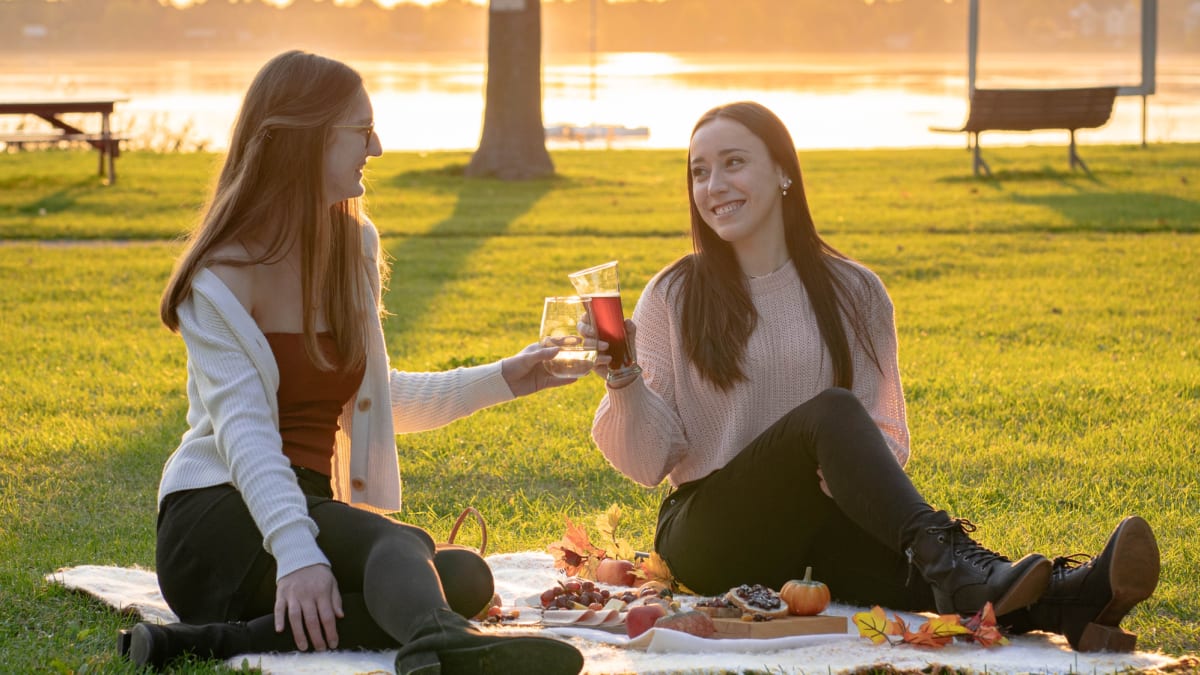 Two young women clink their glasses and share a picnic by the river,