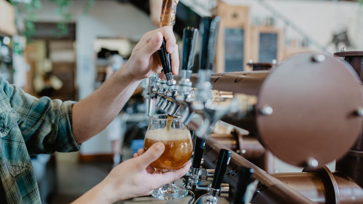 Un barman rempli un verre de bière à la pression.