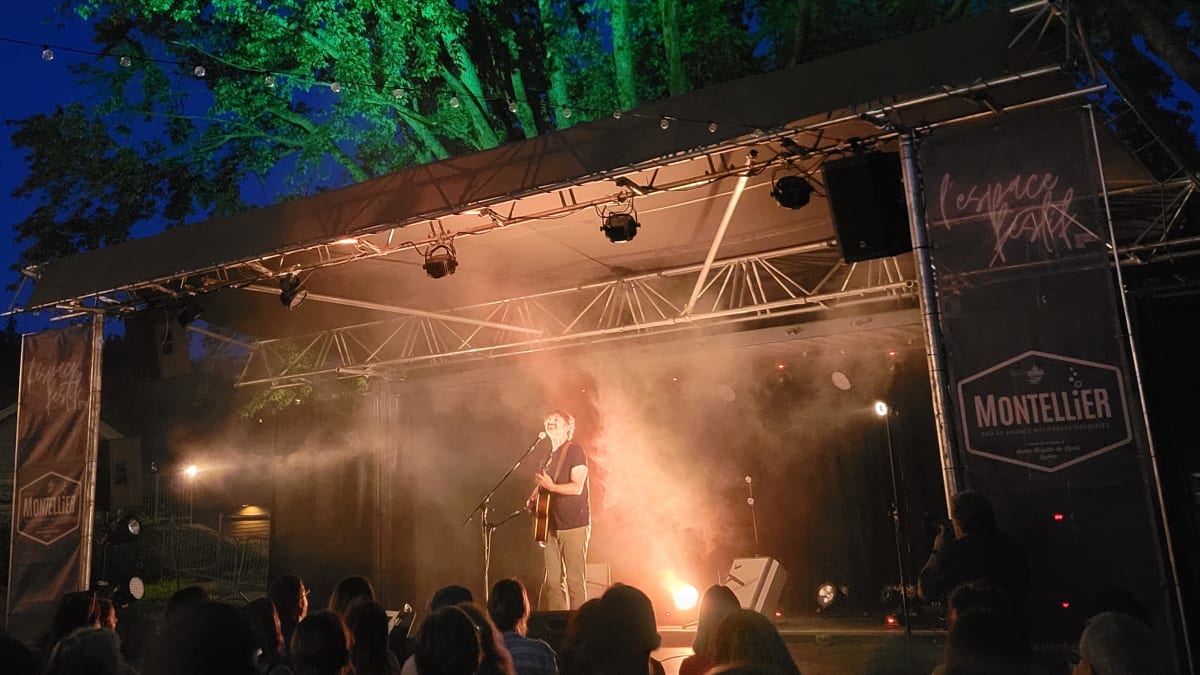 Stage with musical artist seen from the crowd, in the evening.