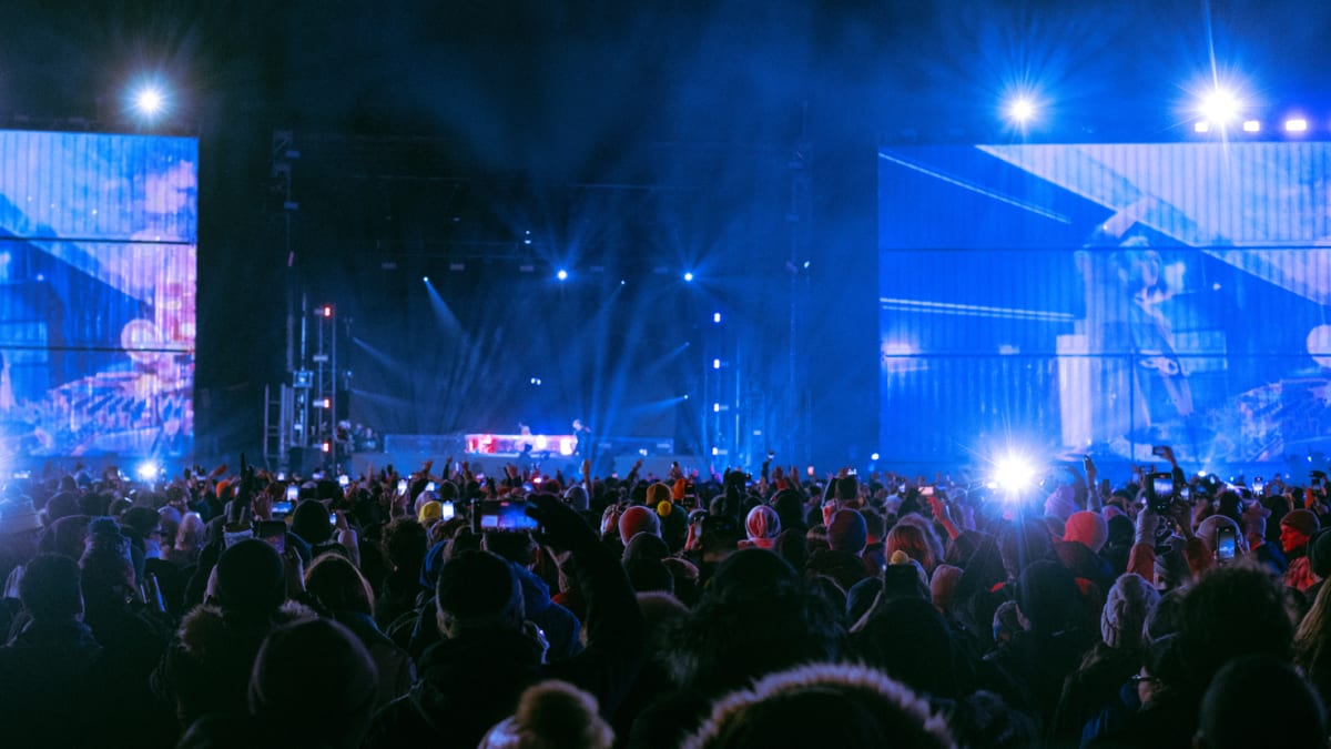 Igloofest concert on an outdoor stage in the winter.