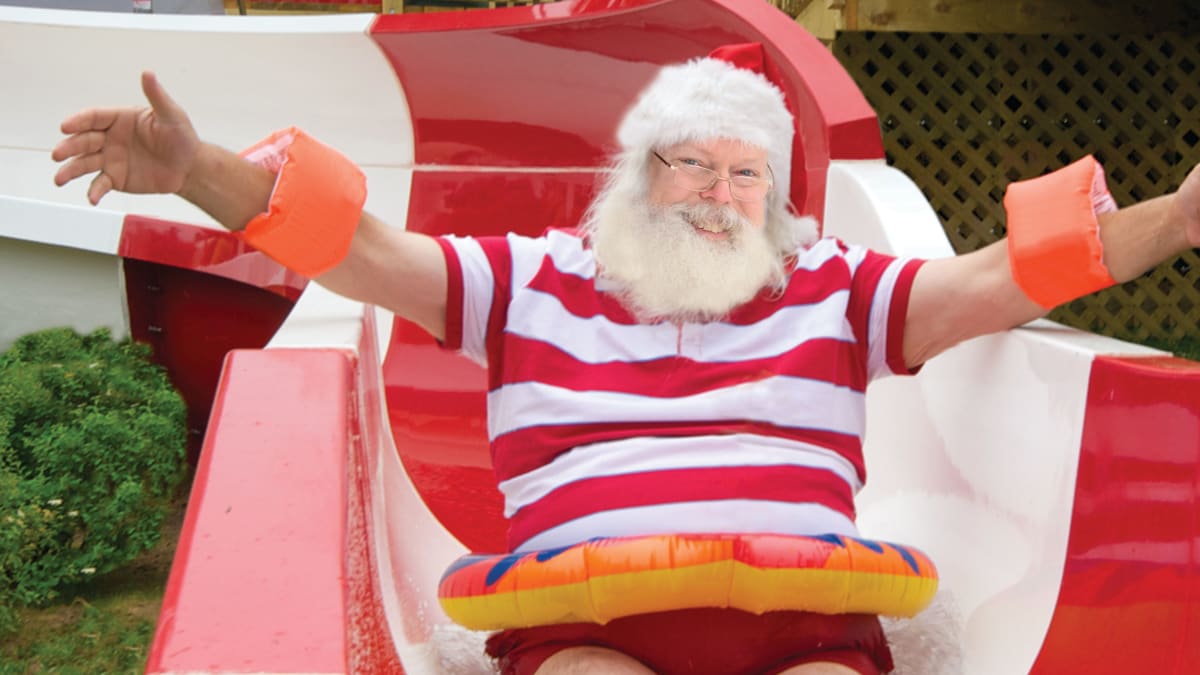 Santa Claus in a water slide.