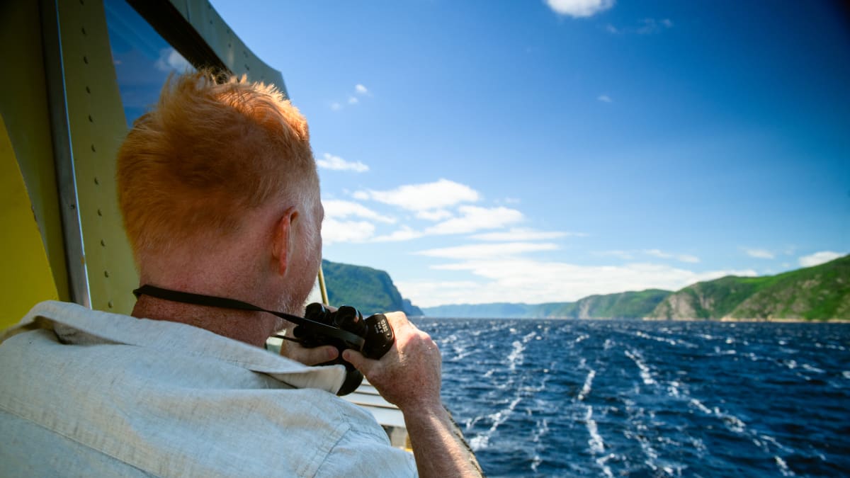 Man looking at the Saguenay Fjord with binoculars.