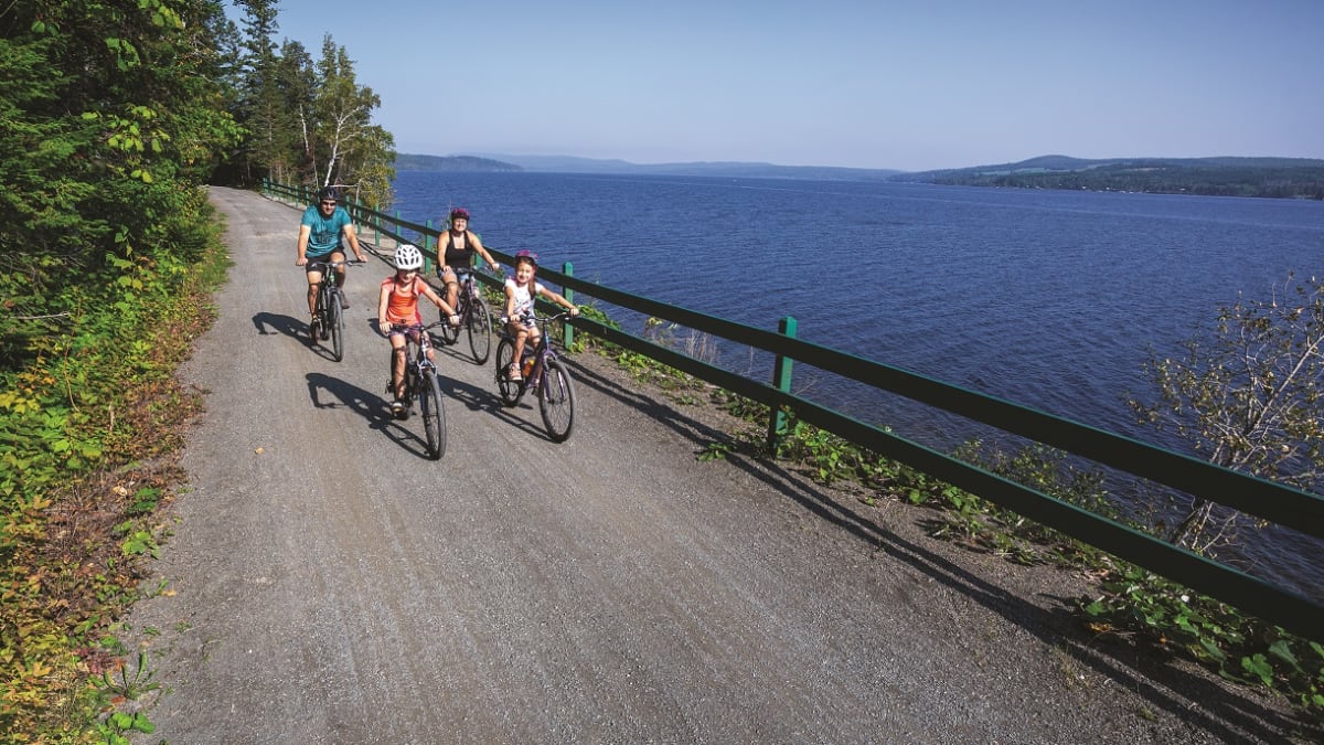 Family of 4 people on bikes by the lake.