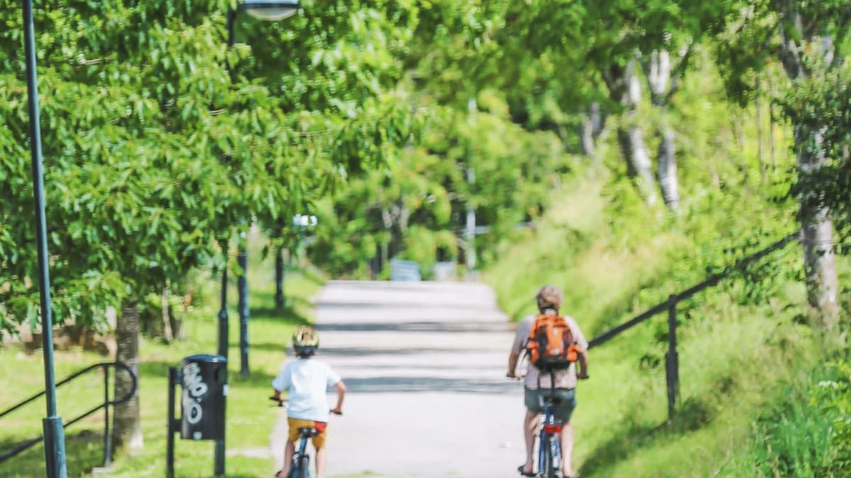 Deux cyclistes, un adulte et un enfant vue de dos