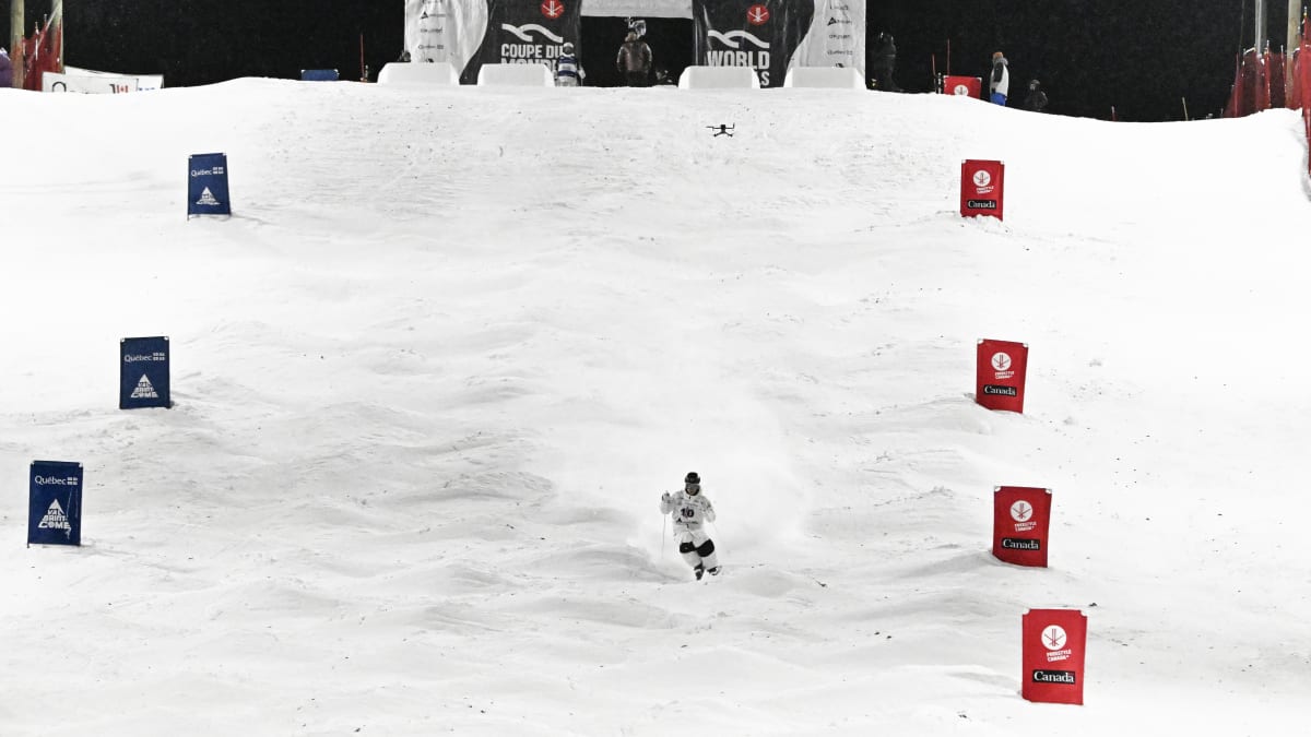 Freestyle skier on a mogul slope.