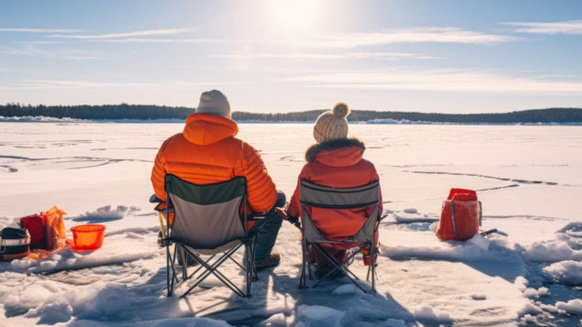 Deux personnes qui font de la pêche sur glace.