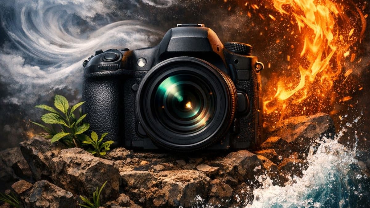 A camera surrounded by the four natural elements.